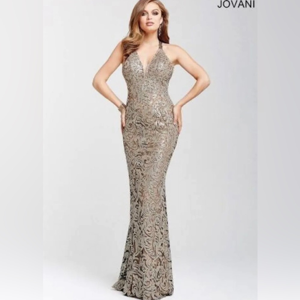 Jovani Project Runway Bronze Sequin Crystal Lace Formal Prom Gown - Picture 3 of 11